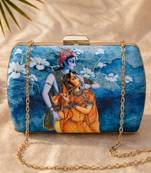 Blue & orange radha krishna printed box clutch bag for women with detachable strap