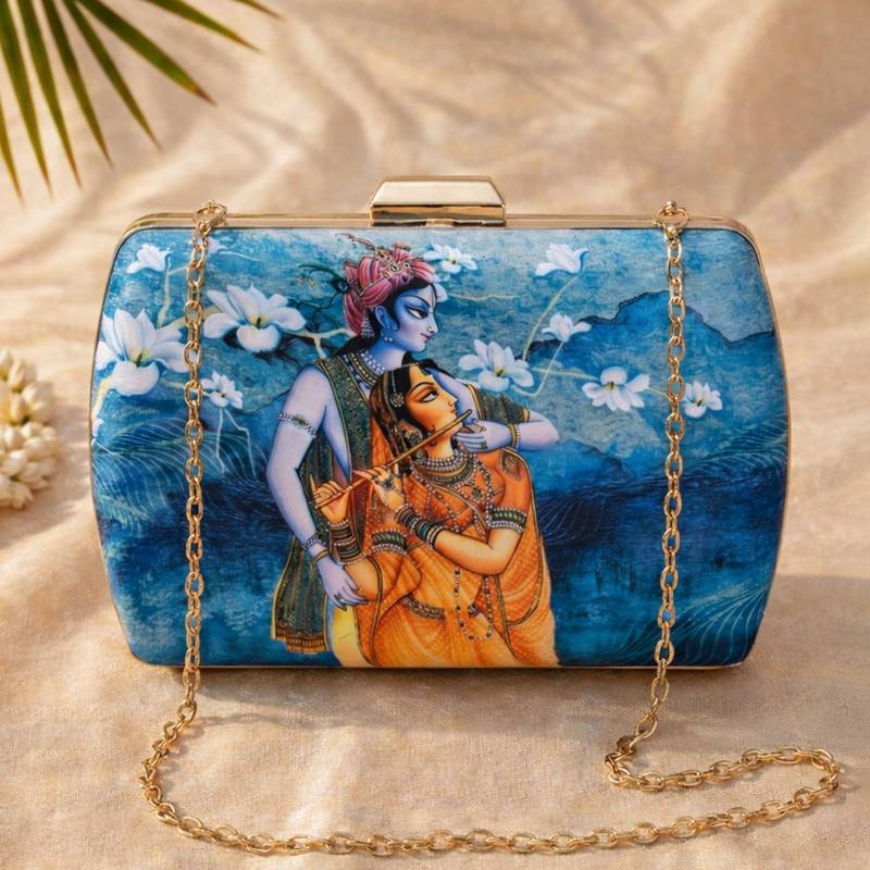 Blue & orange radha krishna printed box clutch bag for women with detachable strap