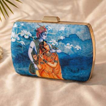 Blue & orange radha krishna printed box clutch bag for women with detachable strap 2