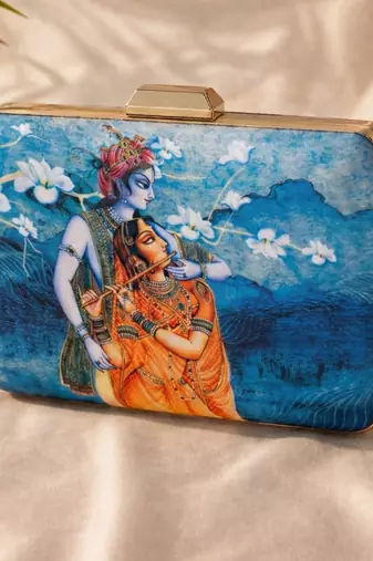 Blue & orange radha krishna printed box clutch bag for women with detachable strap