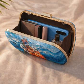 Blue & orange radha krishna printed box clutch bag for women with detachable strap 3