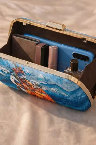 Blue & orange radha krishna printed box clutch bag for women with detachable strap
