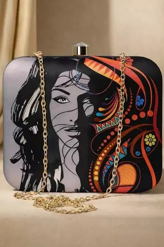 Grey printed clutch bag for women with detachable strap
