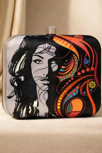 Grey printed clutch bag for women with detachable strap