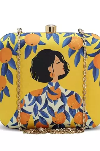 Orange girl printed clutch bag for women with detachable strap