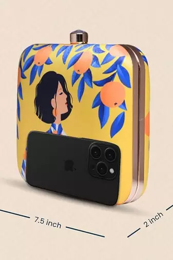 Orange girl printed clutch bag for women with detachable strap