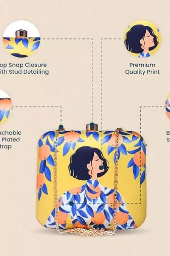 Orange girl printed clutch bag for women with detachable strap