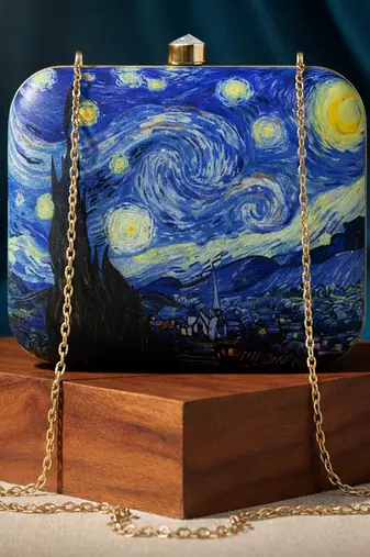 Starry night printed clutch bag for women with detachable strap