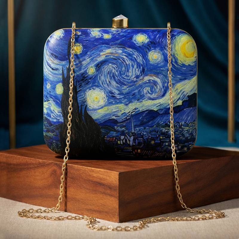 Starry night printed clutch bag for women with detachable strap