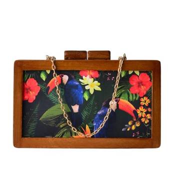 Woman brown & multicoloured printed wooden clutch bag for women with detachable strap 1
