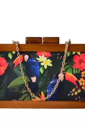 Woman brown & multicoloured printed wooden clutch bag for women with detachable strap