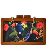 Woman brown & multicoloured printed wooden clutch bag for women with detachable strap