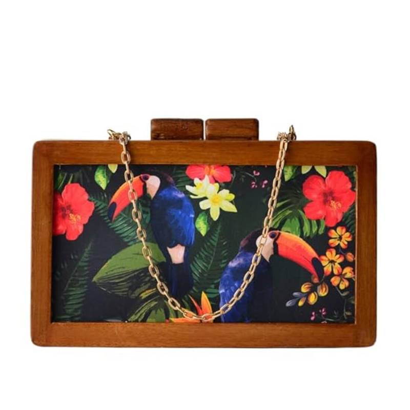 Woman brown & multicoloured printed wooden clutch bag for women with detachable strap