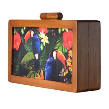 Woman brown & multicoloured printed wooden clutch bag for women with detachable strap 2