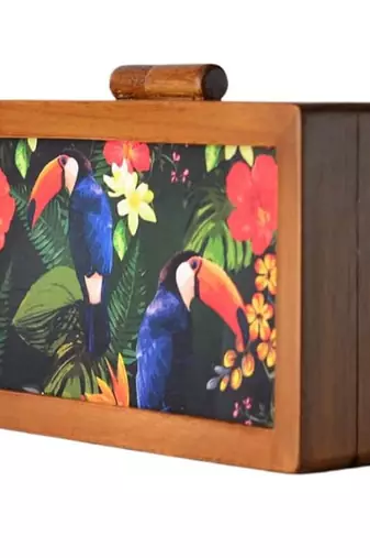 Woman brown & multicoloured printed wooden clutch bag for women with detachable strap