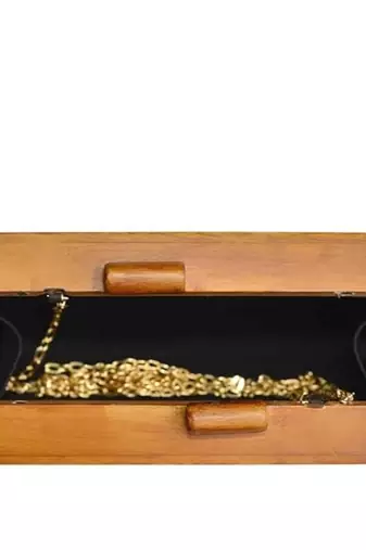 Woman brown & multicoloured printed wooden clutch bag for women with detachable strap