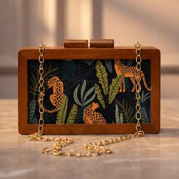 Leopard print wooden clutch bag for women with detachable strap 1