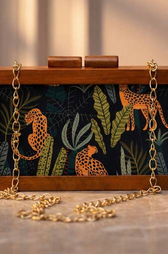Leopard print wooden clutch bag for women with detachable strap