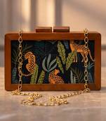 Leopard print wooden clutch bag for women with detachable strap