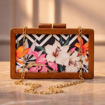 White floral wooden printed clutch bag for women with detachable strap 1