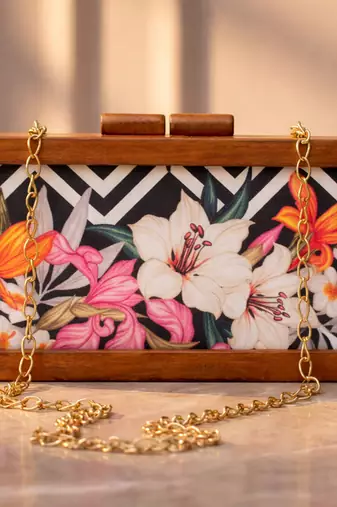 White floral wooden printed clutch bag for women with detachable strap