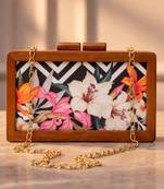 White floral wooden printed clutch bag for women with detachable strap