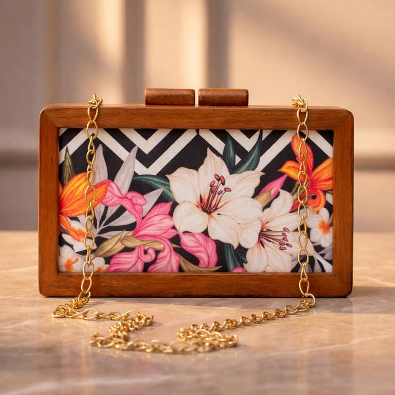 White floral wooden printed clutch bag for women with detachable strap