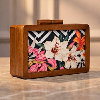 White floral wooden printed clutch bag for women with detachable strap 2