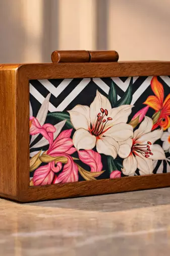 White floral wooden printed clutch bag for women with detachable strap