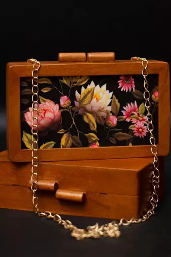 Floral wooden printed clutch bag for women with detachable strap