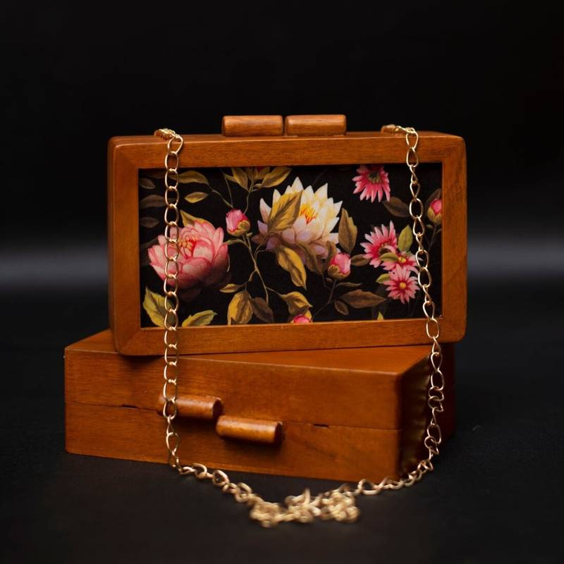 Floral wooden printed clutch bag for women with detachable strap