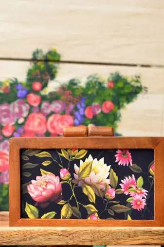 Floral wooden printed clutch bag for women with detachable strap