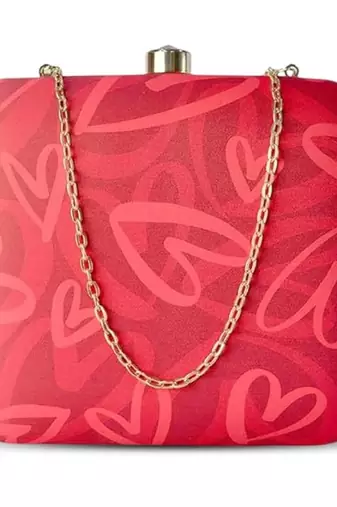 Red heart printed compact box clutch bag with detachable strap chain