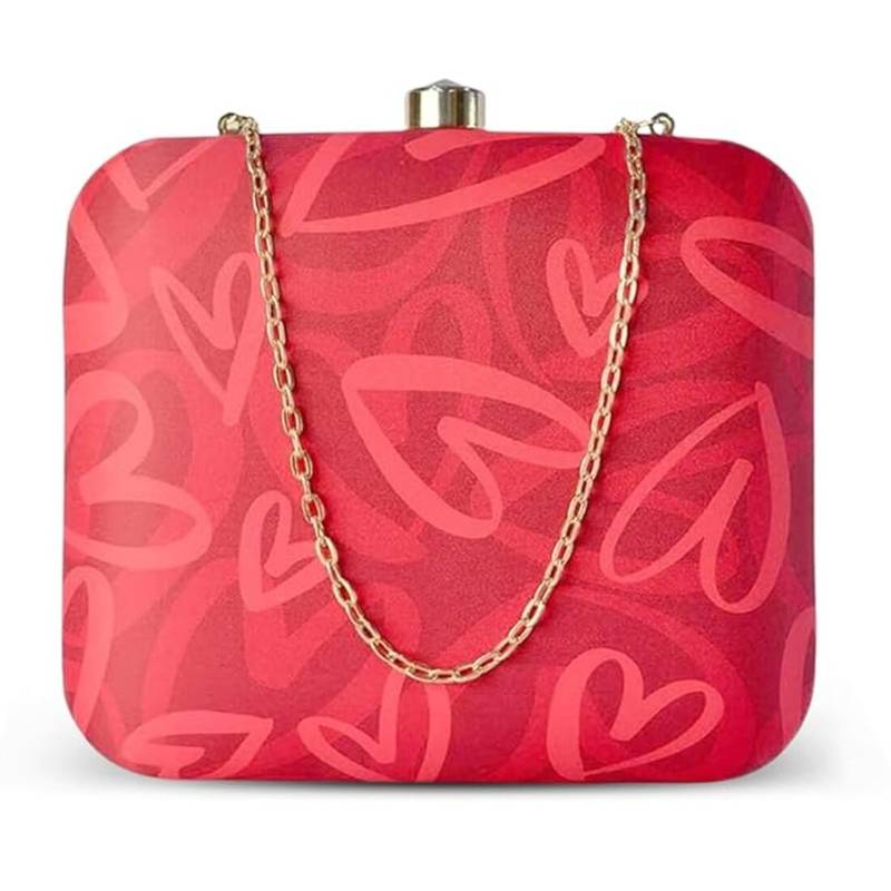 Red heart printed compact box clutch bag with detachable strap chain