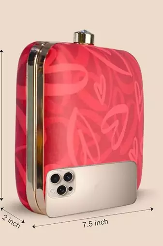 Red heart printed compact box clutch bag with detachable strap chain