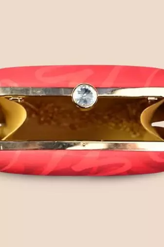 Red heart printed compact box clutch bag with detachable strap chain
