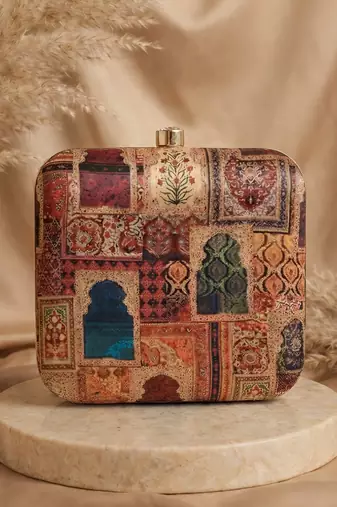 Mughal doors printed clutch bag for women with detachable sling