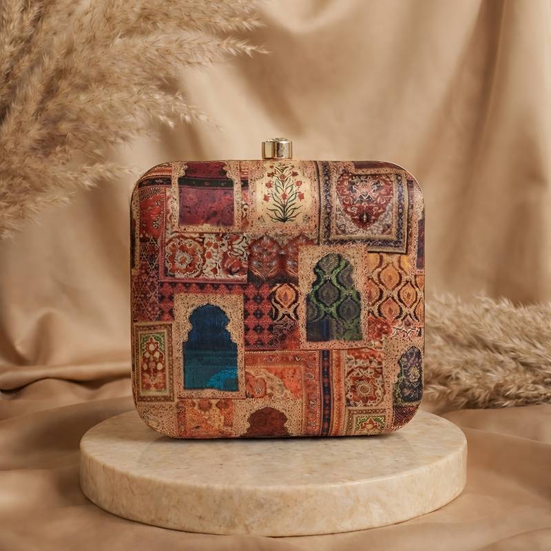 Mughal doors printed clutch bag for women with detachable sling
