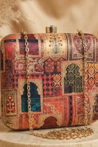Mughal doors printed clutch bag for women with detachable sling