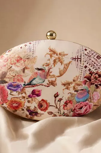 Oval floral birds print clutch bag for women with detachable strap