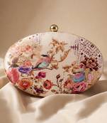 Oval floral birds print clutch bag for women with detachable strap