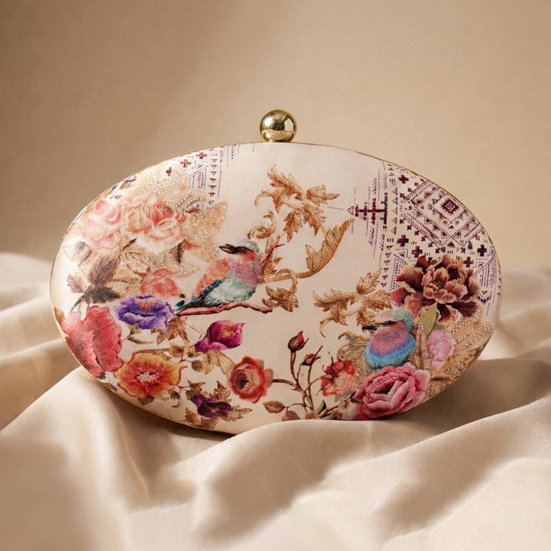 Oval floral birds print clutch bag for women with detachable strap