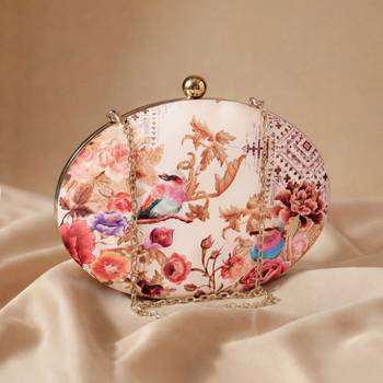 Oval floral birds print clutch bag for women with detachable strap 2