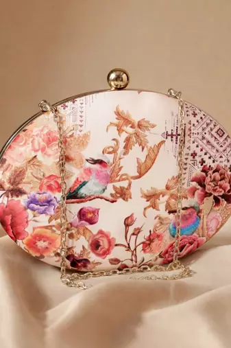 Oval floral birds print clutch bag for women with detachable strap
