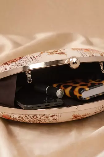 Oval floral birds print clutch bag for women with detachable strap