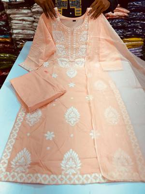 Women's Cotton Embroidered Kurta Pant with Dupatta -Peach 1
