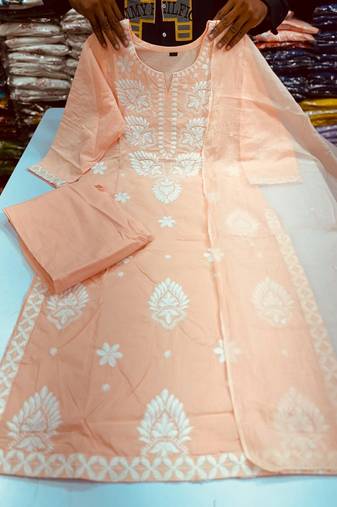 Women's Cotton Embroidered Kurta Pant with Dupatta -Peach