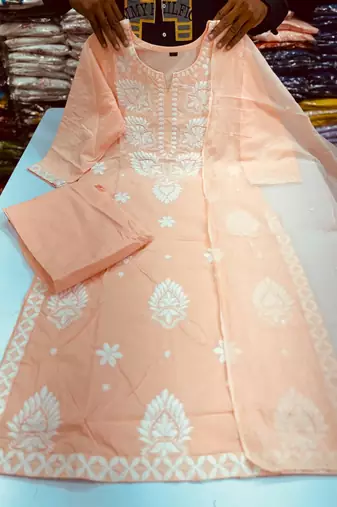 Women's Cotton Embroidered Kurta Pant with Dupatta -Peach