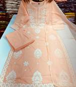Women's Cotton Embroidered Kurta Pant with Dupatta -Peach