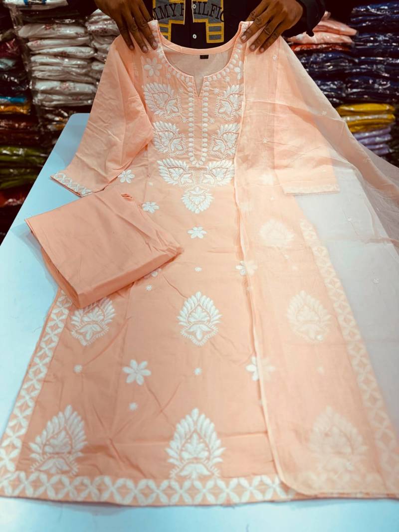 Women's Cotton Embroidered Kurta Pant with Dupatta -Peach